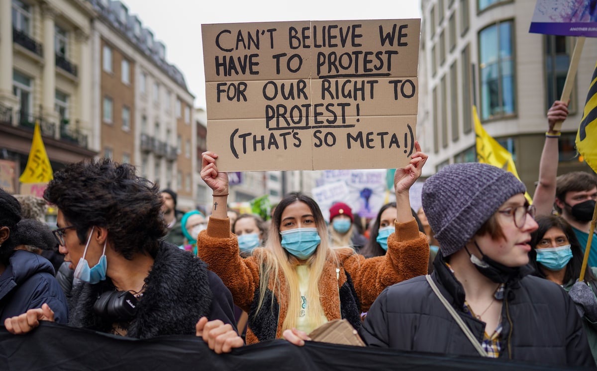A protester holding a placard reading &lsquo;Can&rsquo;t believe we have to protest our right to protest!&rsquo;